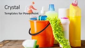  Presentation with cleaning - Beautiful presentation theme featuring bucket with cleaning items backdrop and a light gray colored foreground