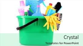  Presentation with cleaning - PPT theme featuring bucket with cleaning supplies isolated background and a  colored foreground