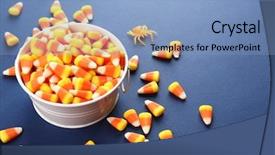  Presentation with halloween candy assorti - PPT theme with bucket with tasty halloween candies background and a light blue colored foreground