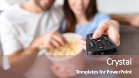  Presentation with movie popcorn - Cool new slide deck with buckets - image of joyful couple man backdrop and a coral colored foreground