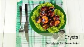  Presentation with white plate - Slide set having buckeye - roasted chestnuts with lettuce background and a  colored foreground
