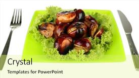  Presentation with green gold and white - Audience pleasing theme consisting of buckeye - roasted chestnuts with lettuce backdrop and a  colored foreground