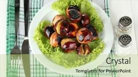  Presentation with white plate - Slide deck consisting of buckeye - roasted chestnuts with lettuce background and a  colored foreground