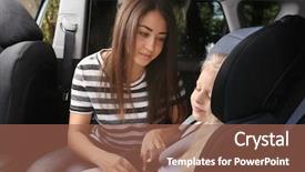  Presentation with car security system - Beautiful PPT layouts featuring buckle - young woman fastening security belt backdrop and a violet colored foreground