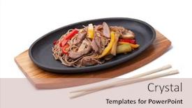  Presentation with noodles - PPT layouts having buckwheat noodles with beef japanese cuisine background and a coral colored foreground