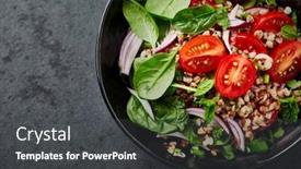  Presentation with dark blue world globe space - Presentation theme with buckwheat-salad-with-cherry-tomatoes background and a dark gray colored foreground