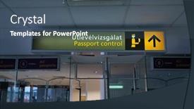  Presentation with airport terminal - PPT layouts enhanced with budapest-hungary-circa-2020-signs background and a ocean colored foreground