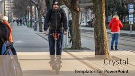  Presentation with electric scooter - PPT layouts enhanced with budapest-hungary-march-22-2018 background and a coral colored foreground