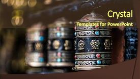  Presentation with buddhism - Cool new PPT theme with buddhism - close-up row of prayer wheels backdrop and a tawny brown colored foreground