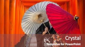  Presentation with japanese - PPT theme having buddhist symbols - couple with traditional japanese umbrellas background and a tawny brown colored foreground