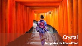  Presentation with traditional japan - PPT theme featuring buddhist symbols - woman in traditional kimono walking background and a tawny brown colored foreground