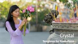  Presentation with hand holding flowers - Colorful PPT theme enhanced with buddhist temple holding lotus flowers backdrop and a gray colored foreground