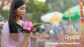  Presentation with hand holding flowers - Colorful PPT layouts enhanced with buddhist temple holding lotus flowers backdrop and a coral colored foreground