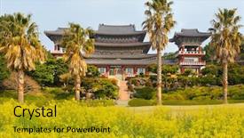  Presentation with asia - Colorful PPT theme enhanced with buddhist temple jeju island south backdrop and a gold colored foreground
