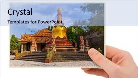 Presentation with bali temple - Colorful PPT theme enhanced with buddist religion - hand and banjar temple backdrop and a  colored foreground