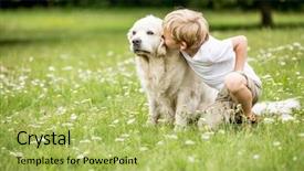  Presentation with child friendship - Audience pleasing presentation design consisting of buddy walk - child kissing golden retriever dog backdrop and a yellow colored foreground