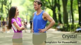  Presentation with new york city - Colorful presentation enhanced with buddy walk - happy runners couple talking backdrop and a mint green colored foreground