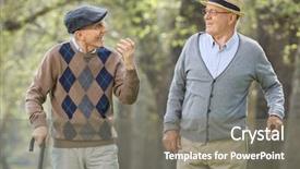  Presentation with two men on a judo - Audience pleasing PPT theme consisting of buddy walk - two elderly men having backdrop and a  colored foreground