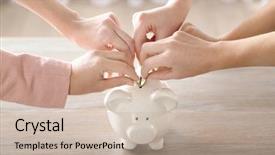  Presentation with piggy bank - PPT theme having budget - hands putting coin into piggy background and a soft green colored foreground