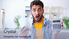  Presentation with pay - Cool new presentation with budget - man angry at bills he backdrop and a light blue colored foreground