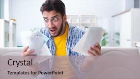  Presentation with pay - Beautiful slide deck featuring budget - man angry at bills he backdrop and a light gray colored foreground