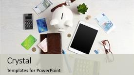  Presentation with piggy bank - Presentation theme with budget - piggy bank office supplies background and a light gray colored foreground