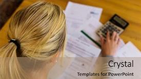  Presentation with bankruptcy - Beautiful slide deck featuring budget - woman with unpaid bills has backdrop and a coral colored foreground