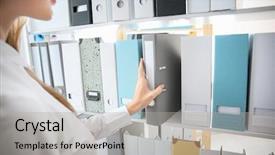  Presentation with archive - Cool new PPT theme with budget - young woman taking folder backdrop and a light gray colored foreground