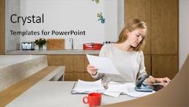  Presentation with digital finance - Colorful presentation design enhanced with budget - young woman with documents backdrop and a light gray colored foreground