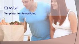  Presentation with household products - Audience pleasing theme consisting of budget family household - husband and pregnant wife are backdrop and a sky blue colored foreground