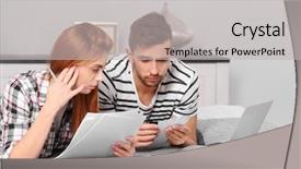  Presentation with taxes - Theme having budget family household - young couple calculating taxes background and a  colored foreground