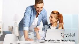  Presentation with taxes - Presentation theme enhanced with budget family household - young couple calculating taxes background and a  colored foreground