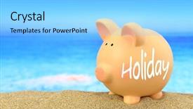  Presentation with piggy bank - Beautiful PPT theme featuring budget holidays - word holiday written on piggy backdrop and a light blue colored foreground