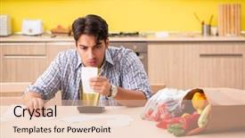  Presentation with man watching woman preparing vegetables - Colorful PPT layouts enhanced with budget holidays - young man calculating expences backdrop and a lemonade colored foreground