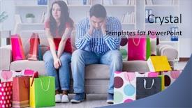  Presentation with budget - Presentation enhanced with budget holidays - young pair after shopping background and a light blue colored foreground