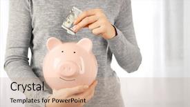  Presentation with piggy bank - Slides having budget money - woman putting dollar banknote background and a coral colored foreground