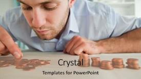  Presentation with gupta coins - Colorful PPT theme enhanced with budget money - young businessman counting coins backdrop and a coral colored foreground