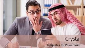  Presentation with arab - Theme having budget oil - diverse business concept with arab background and a coral colored foreground