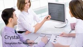  Presentation with five business people standing together and smiling - Presentation having budgect planning - smiling working people sitting background and a light blue colored foreground