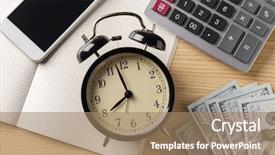  Presentation with calculator - PPT layouts with budget review - composition with clock money background and a coral colored foreground