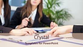  Presentation with people management word cloud - Cool new PPT theme with budget review - detail of people at work backdrop and a lemonade colored foreground