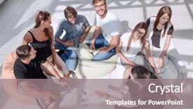  Presentation with young business people - Slide deck with budget review - young people discussing the start background and a gray colored foreground