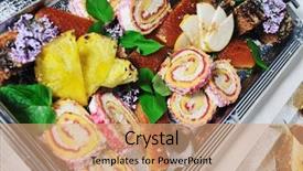  Presentation with catering - Amazing PPT theme having buffet catering food arangement on table backdrop and a coral colored foreground