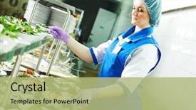  Presentation with cafeteria - Beautiful slide deck featuring buffet female worker servicing food backdrop and a mint green colored foreground