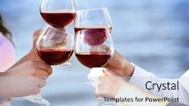  Presentation with summer outdoor bbq grill party - Slide deck featuring buffet line - people clinking glasses at party background and a  colored foreground