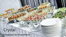  Presentation with catering - Beautiful presentation featuring buffet lunch - catering services background with snacks backdrop and a light blue colored foreground