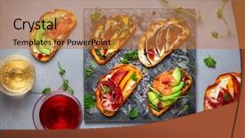  Presentation with vietnamese food for tet holiday - Colorful slide deck enhanced with buffet open - set of assorted bruschetta backdrop and a gold colored foreground