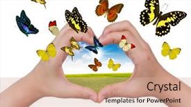  Presentation with hand holding colorful brain sketch - Colorful theme enhanced with bug free - hand holding butterflies backdrop and a coral colored foreground