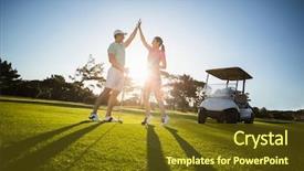  Presentation with golf - Theme featuring buggy - happy golf player couple giving background and a tawny brown colored foreground