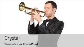  Presentation with trumpet - Cool new presentation design with bugle - man in a suit playing backdrop and a light gray colored foreground
